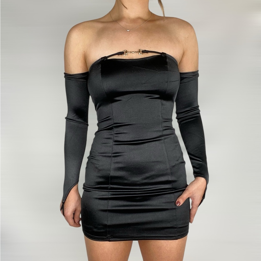 SUPERDOWN Vera Sleeve Dress Bodycon Mini Dress Going‎ Out Party Black Satin